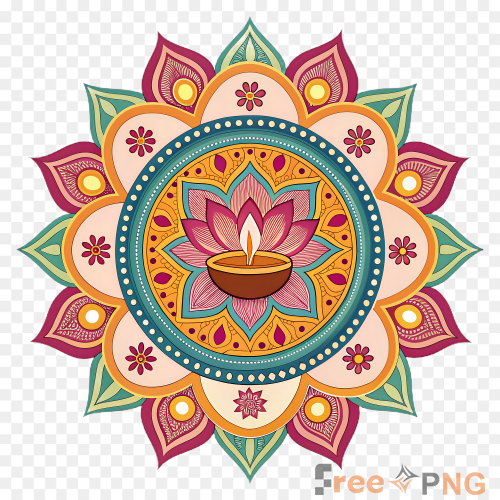 Colorful Diwali Rangoli With Lotus Flower Diya Transparent PNG - Premium General element for professional editing and printin